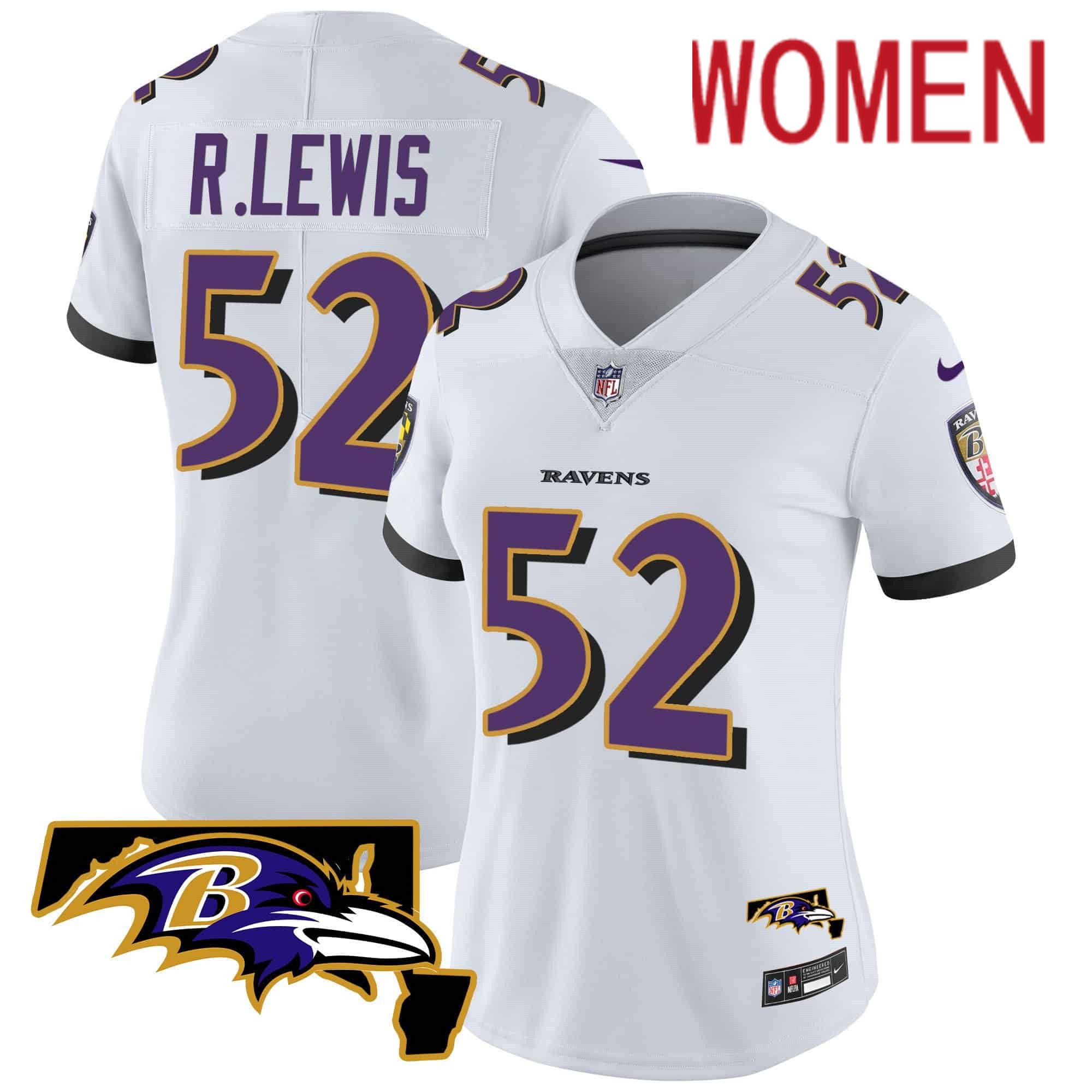 Women Baltimore Ravens 52 R.Lewis White 2024 Nike Maryland Patch Vapor Limited NFL Jersey